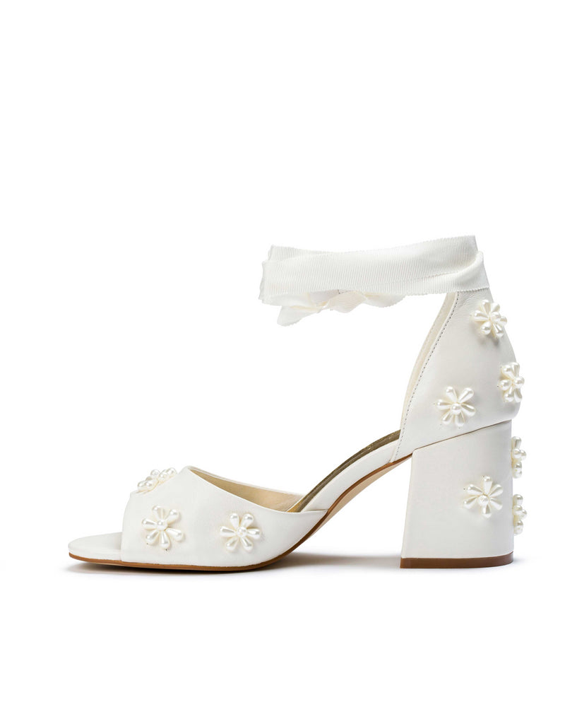 Ivory pearl flower bridal shoe with silk ties