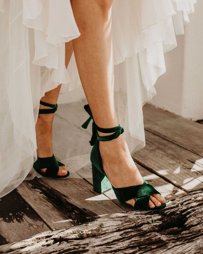 Green velvet wedding shoes in emerald.Passion