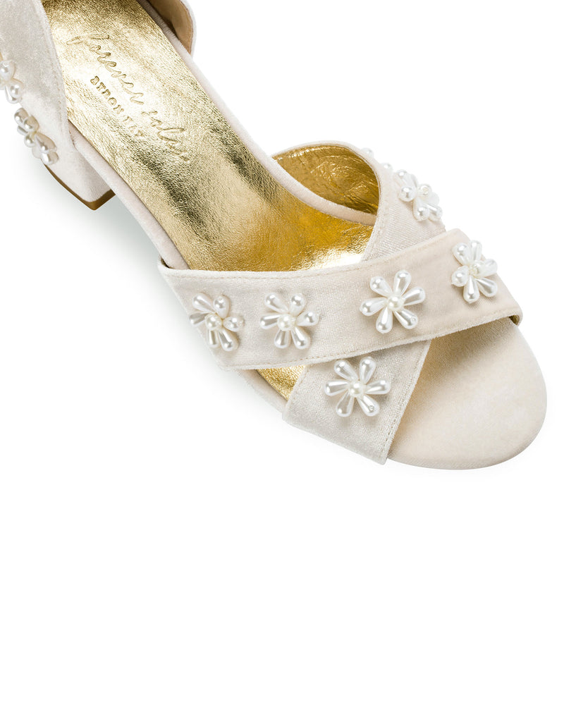 Ivory velvet bridal shoes with pearl flowers