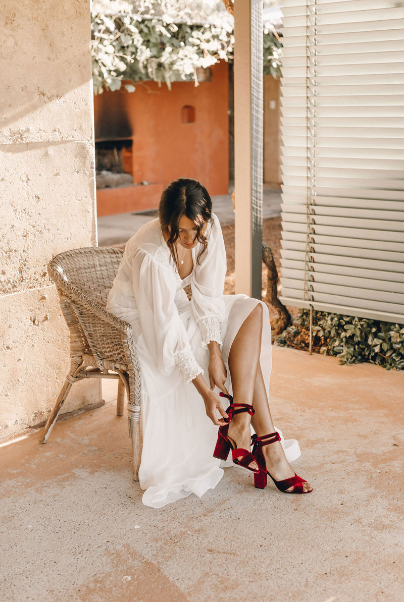 papir Opera Kilde Red velvet bridal shoes with ruby red heels for the passionate bride