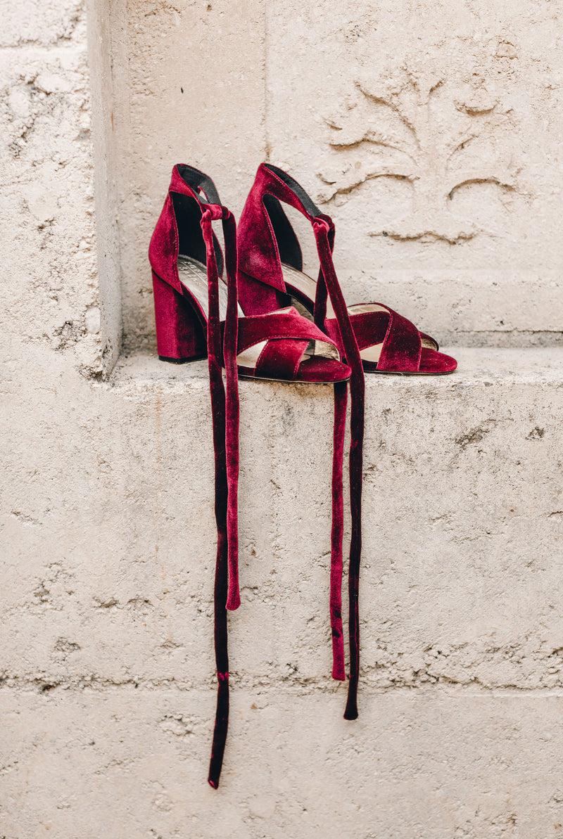 Red velvet heels, red wedding shoes, red heels.Passion.
