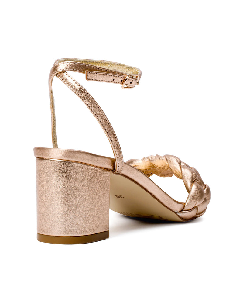 Rose gold bridal shoes with metallic gold plaited leather front